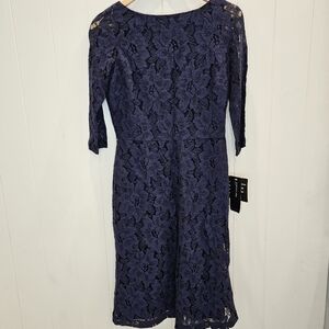 Jones New York Lace Dress Women's Size 4 Navy 3/4 Sleeve Lined Midi